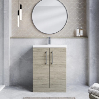 Nuie Arno Compact Floor Standing 2-Door Vanity Unit with Polymarble Basin 600mm Wide - Solace Oak Woodgrain