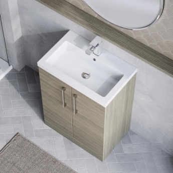Nuie Arno Compact Floor Standing 2-Door Vanity Unit with Polymarble Basin 600mm Wide - Solace Oak Woodgrain