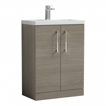 Nuie Arno Compact Floor Standing 2-Door Vanity Unit with Ceramic Basin 600mm Wide - Solace Oak Woodgrain