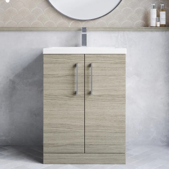 Nuie Arno Compact Floor Standing 2-Door Vanity Unit with Ceramic Basin 600mm Wide - Solace Oak Woodgrain
