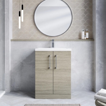 Nuie Arno Compact Floor Standing 2-Door Vanity Unit with Ceramic Basin 600mm Wide - Solace Oak Woodgrain