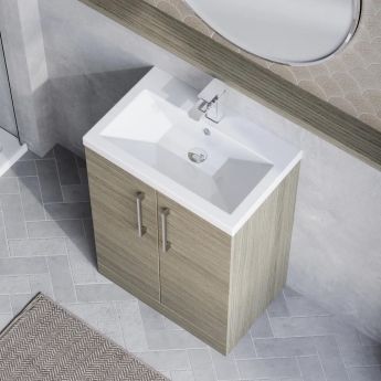 Nuie Arno Compact Floor Standing 2-Door Vanity Unit with Ceramic Basin 600mm Wide - Solace Oak Woodgrain