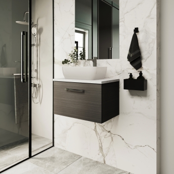 Nuie Arno Wall Hung 1-Drawer Vanity Unit with Sparkling Black Worktop 600mm Wide - Black Woodgrain