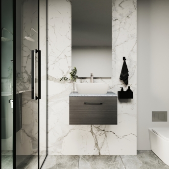 Nuie Arno Wall Hung 1-Drawer Vanity Unit with Sparkling Black Worktop 600mm Wide - Black Woodgrain