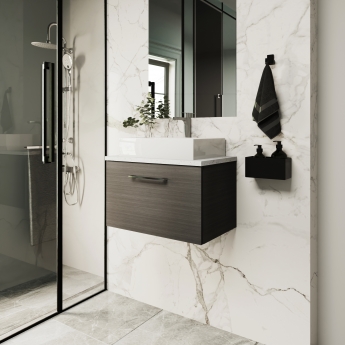 Nuie Arno Wall Hung 1-Drawer Vanity Unit with Sparkling Black Worktop 600mm Wide - Anthracite Woodgrain