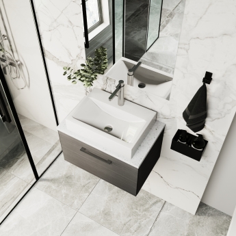 Nuie Arno Wall Hung 1-Drawer Vanity Unit with Sparkling Black Worktop 600mm Wide - Black Woodgrain