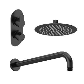Nuie Arvan Thermostatic Twin Round Concealed Shower Valve with Fixed Head and Arm - Matt Black | Product Image