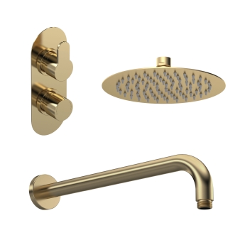 Nuie Arvan Thermostatic Twin Round Concealed Shower Valve with Fixed Head and Arm - Brushed Brass | Product Image