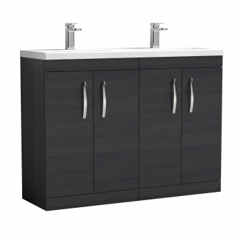 Nuie Athena Floor Standing 4-Door Vanity Unit with Double Ceramic Basin 1200mm Wide - Charcoal Black Woodgrain