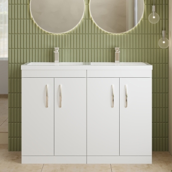 Nuie Athena Floor Standing 4-Door Vanity Unit with Double Basin 1200mm Wide - Gloss White | Product Image