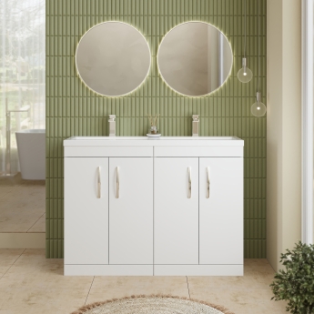 Nuie Athena Floor Standing 4-Door Vanity Unit with Double Ceramic Basin 1200mm Wide - Gloss White | Product Image