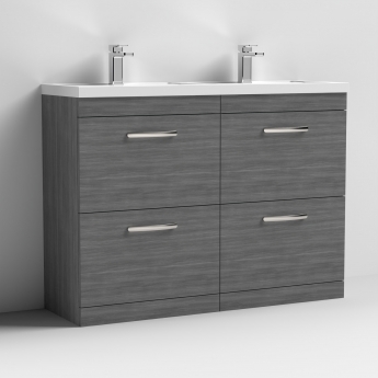 Nuie Athena Floor Standing 4-Drawer Vanity Unit with Double Basin 1200mm Wide - Anthracite Woodgrain