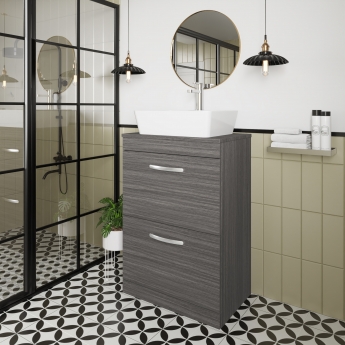 Nuie Athena Floor Standing 2-Drawer Vanity Unit and Worktop 600mm Wide - Anthracite Woodgrain