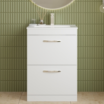 Nuie Athena Floor Standing 2-Drawer Vanity Unit with Basin-2 600mm Wide - Gloss White | Product Image