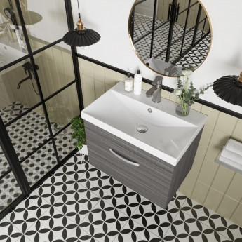 Nuie Athena Wall Hung 1-Drawer Vanity Unit with Basin-3 600mm Wide - Anthracite Woodgrain