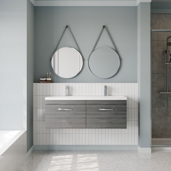 Nuie Athena Wall Hung 2-Drawer Vanity Unit with Double Ceramic Basin 1200mm Wide - Anthracite Woodgrain | Product Image