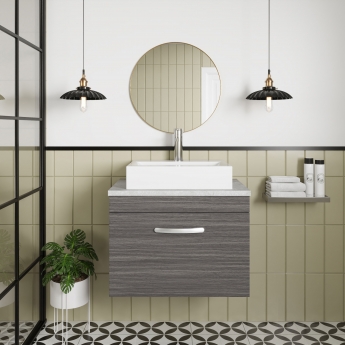 Nuie Athena Wall Hung 1-Drawer Vanity Unit with Grey Worktop 600mm Wide - Anthracite Woodgrain