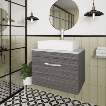 Nuie Athena Wall Hung 1-Drawer Vanity Unit with Sparkling Black Worktop 600mm Wide - Gloss White