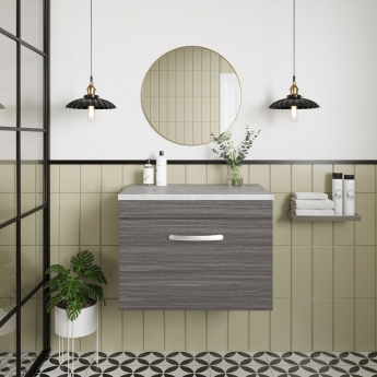 Nuie Athena Wall Hung 1-Drawer Vanity Unit with Grey Worktop 600mm Wide - Anthracite Woodgrain