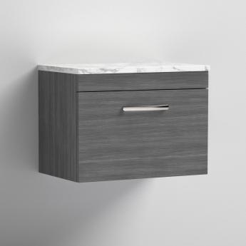 Nuie Athena Wall Hung 1-Drawer Vanity Unit with Carrera Marble Worktop 600mm Wide - Anthracite Woodgrain | Product Image