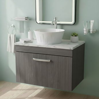 Nuie Athena Wall Hung 1-Drawer Vanity Unit with Carrera Marble Worktop 600mm Wide - Anthracite Woodgrain | Product Image