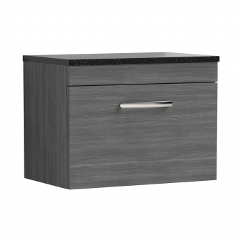 Nuie Athena Wall Hung 1-Drawer Vanity Unit with Sparkling Black Worktop 600mm Wide - Anthracite Woodgrain