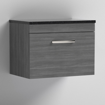 Nuie Athena Wall Hung 1-Drawer Vanity Unit with Sparkling Black Worktop 600mm Wide - Anthracite Woodgrain