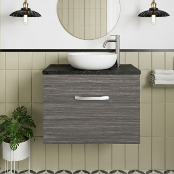 Nuie Athena Wall Hung 1-Drawer Vanity Unit with Sparkling Black Worktop 600mm Wide - Anthracite Woodgrain