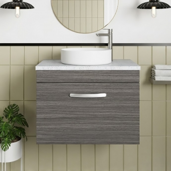 Nuie Athena Wall Hung 1-Drawer Vanity Unit with Sparkling White Worktop 600mm Wide - Anthracite Woodgrain