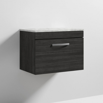 Nuie Athena Wall Hung 1-Drawer Vanity Unit with Grey Worktop 600mm Wide - Charcoal Black Woodgrain