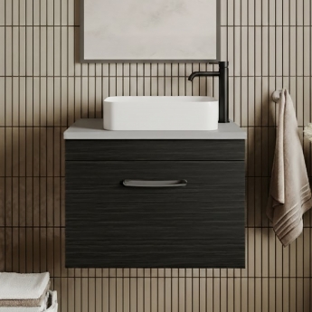 Nuie Athena Wall Hung 1-Drawer Vanity Unit with Grey Worktop 600mm Wide - Charcoal Black Woodgrain