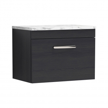 Nuie Athena Wall Hung 1-Drawer Vanity Unit with Carrera Marble Worktop 600mm Wide - Charcoal Black Woodgrain | Product Image