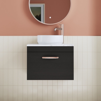 Nuie Athena Wall Hung 1-Drawer Vanity Unit with Carrera Marble Worktop 600mm Wide - Charcoal Black Woodgrain | Product Image