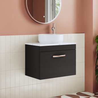 Nuie Athena Wall Hung 1-Drawer Vanity Unit with Carrera Marble Worktop 600mm Wide - Charcoal Black Woodgrain | Product Image