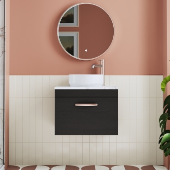 Nuie Athena Wall Hung 1-Drawer Vanity Unit with Carrera Marble Worktop 600mm Wide - Charcoal Black Woodgrain | Product Image
