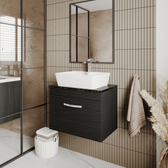 Nuie Athena Wall Hung 1-Drawer Vanity Unit with Sparkling Black Worktop 600mm Wide - Charcoal Black Woodgrain