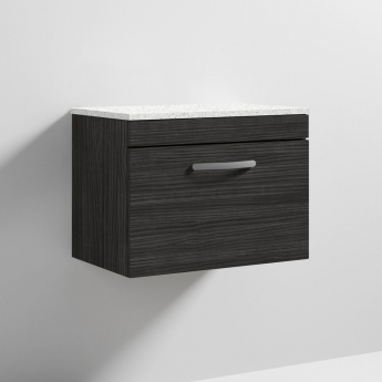 Nuie Athena Wall Hung 1-Drawer Vanity Unit with Sparkling White Worktop 600mm Wide - Charcoal Black Woodgrain