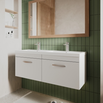 Nuie Athena Wall Hung 2-Drawer Vanity Unit with Double Ceramic Basin 1200mm Wide - Gloss White