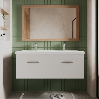 Nuie Athena Wall Hung 2-Drawer Vanity Unit with Double Ceramic Basin 1200mm Wide - Gloss White