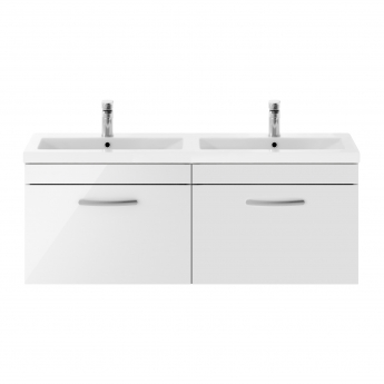 Nuie Athena Wall Hung 2-Drawer Vanity Unit with Double Ceramic Basin 1200mm Wide - Gloss White