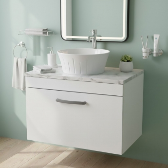 Nuie Athena Wall Hung 1-Drawer Vanity Unit with Carrera Marble Worktop 600mm Wide - Gloss White | Product Image