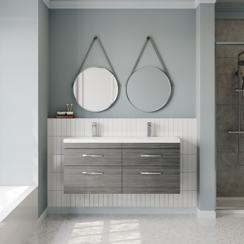 Nuie Athena Wall Hung 4-Drawer Vanity Unit with Double Ceramic Basin 1200mm Wide - Anthracite Woodgrain | Product Image