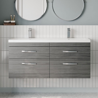Nuie Athena Wall Hung 4-Drawer Vanity Unit with Double Ceramic Basin 1200mm Wide - Anthracite Woodgrain | Product Image