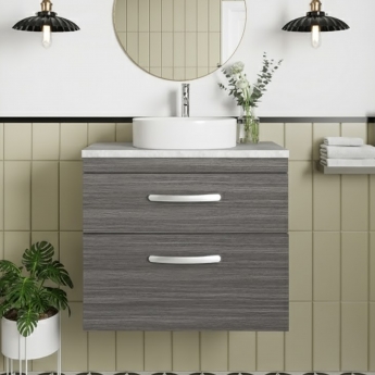 Nuie Athena Wall Hung 2-Drawer Vanity Unit with Grey Worktop 600mm Wide - Anthracite Woodgrain