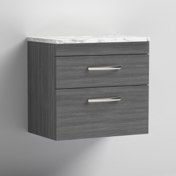 Nuie Athena Wall Hung 2-Drawer Vanity Unit with Carrera Marble Worktop 600mm Wide - Anthracite Woodgrain | Product Image