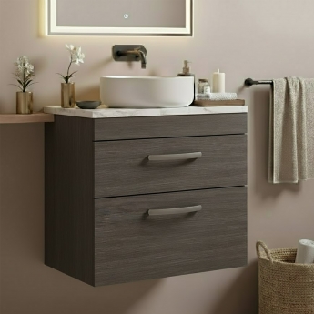 Nuie Athena Wall Hung 2-Drawer Vanity Unit with Carrera Marble Worktop 600mm Wide - Anthracite Woodgrain | Product Image