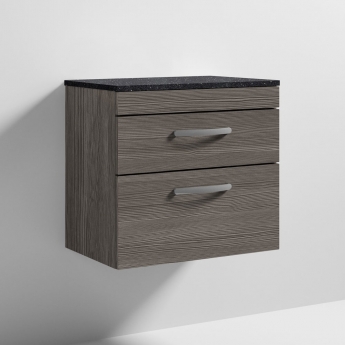 Nuie Athena Wall Hung 2-Drawer Vanity Unit with Sparkling Black Worktop 600mm Wide - Anthracite Woodgrain