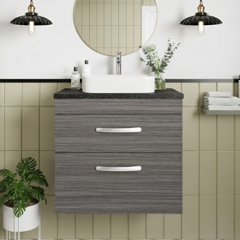 Nuie Athena Wall Hung 2-Drawer Vanity Unit with Sparkling Black Worktop 600mm Wide - Anthracite Woodgrain