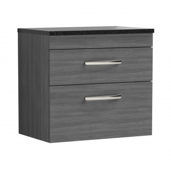 Nuie Athena Wall Hung 2-Drawer Vanity Unit with Sparkling Black Worktop 600mm Wide - Anthracite Woodgrain