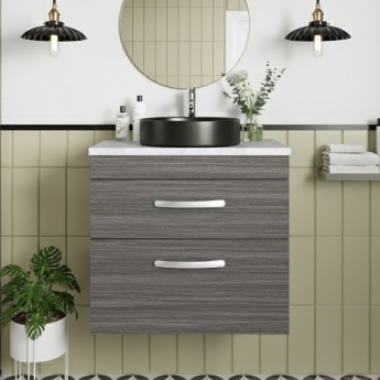 Nuie Athena Wall Hung 2-Drawer Vanity Unit with Sparkling White Worktop 600mm Wide - Anthracite Woodgrain